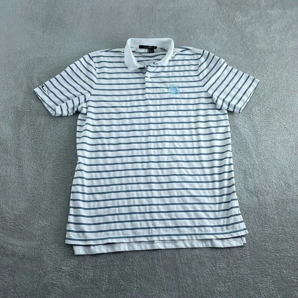 RLX Ralph Lauren Mens Beverly Hills Polo Shirt White/Blue Stripes Size L 1809